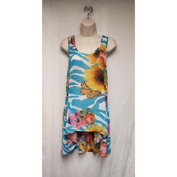 Kaktus Women's Round Neck Floral Print Sleeveless Sheer Lo-Hi Blouse Size XS - Picture 2 of 6